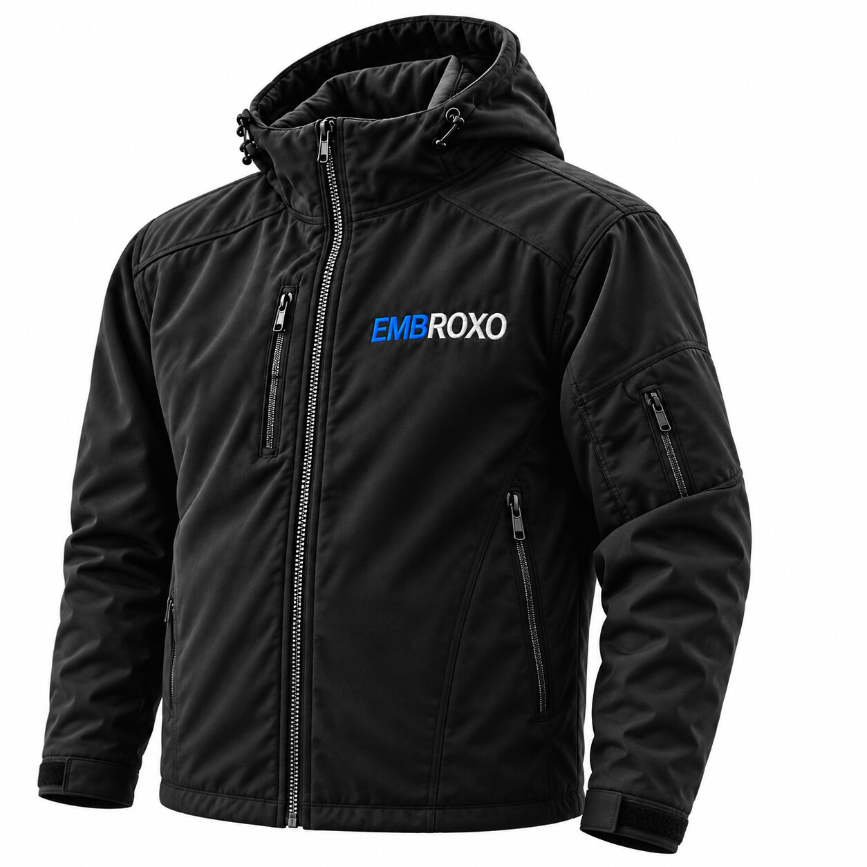 Black EMBROXO jacket showing the full shoulder and sleeve